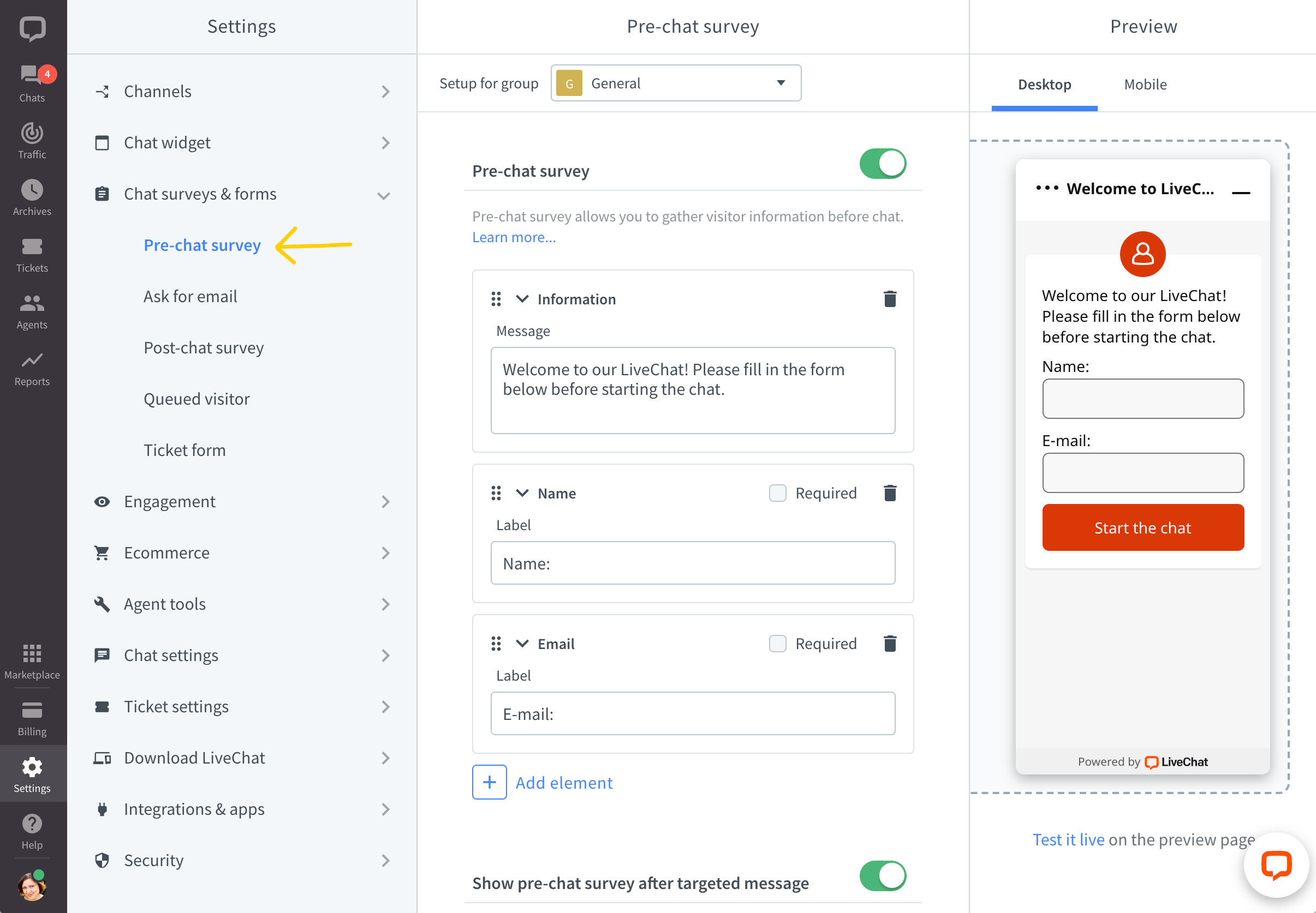 Edit the pre-chat form.
